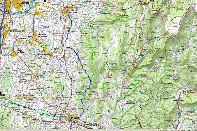 07-09 Karte.jpg - Auf unserer neunten und vorletzten Etappe mit insgesamt 27 km Länge geht es ganz schön hoch - aber auch wieder runter: Von Chabeuil nach Crest